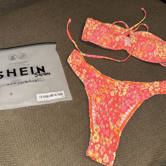 SHEIN Other - SHEIN floral swimsuit bikini 2-piece orange yellow neon swimwear bandeau top XS​